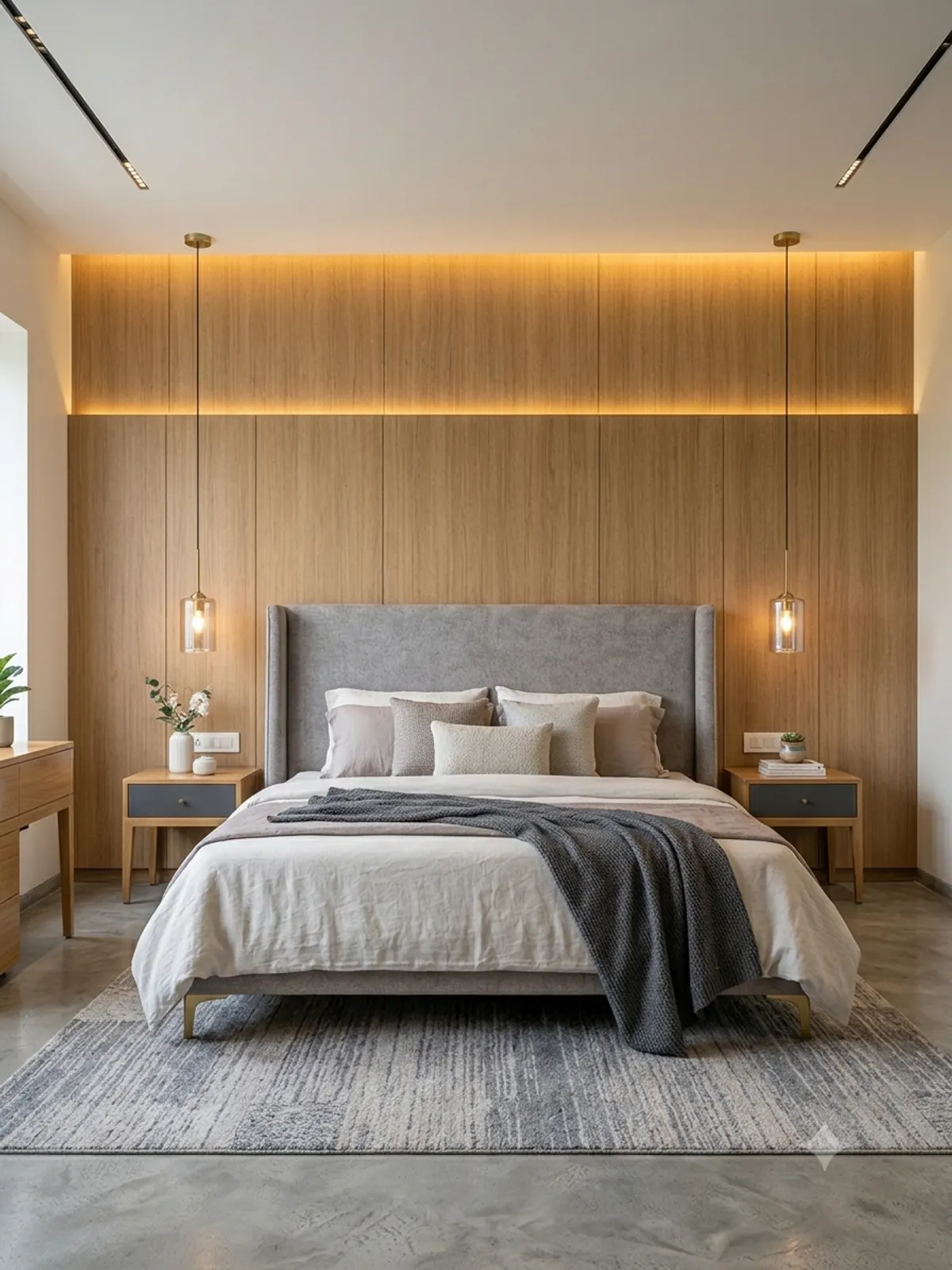 Calm master bedroom with upholstered headboard