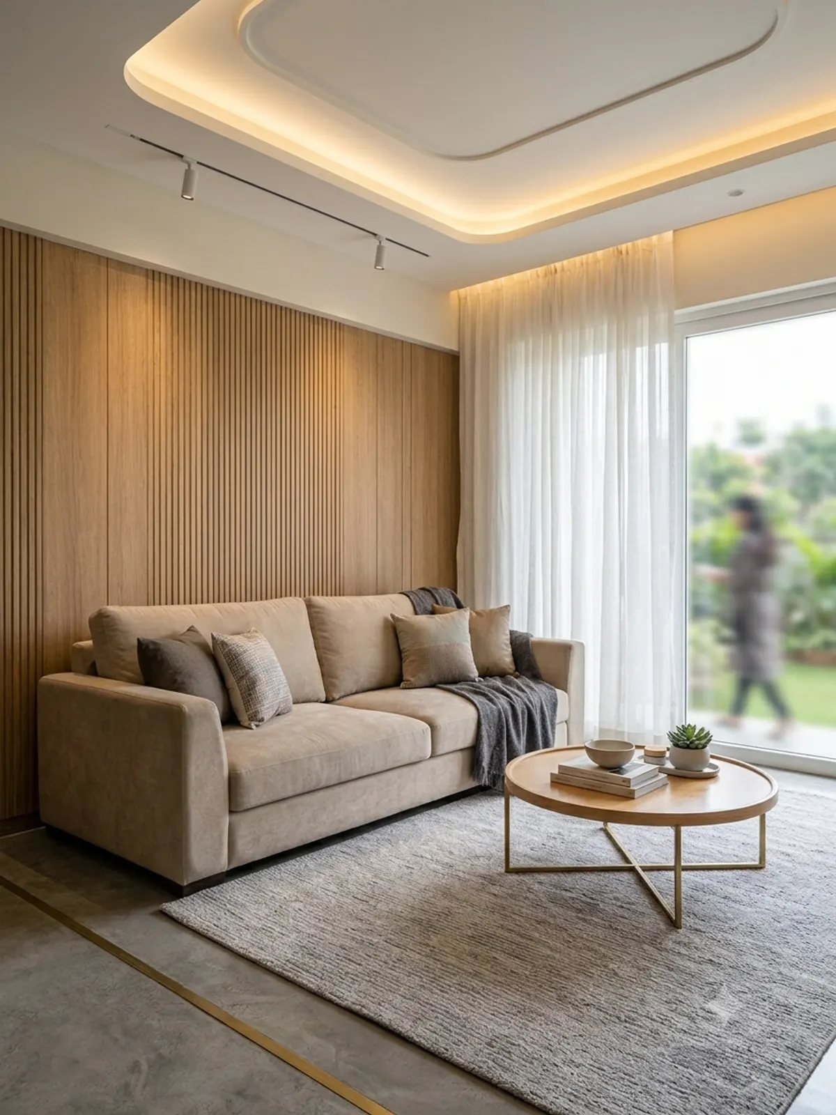 Warm living room with sofa and wall panelling