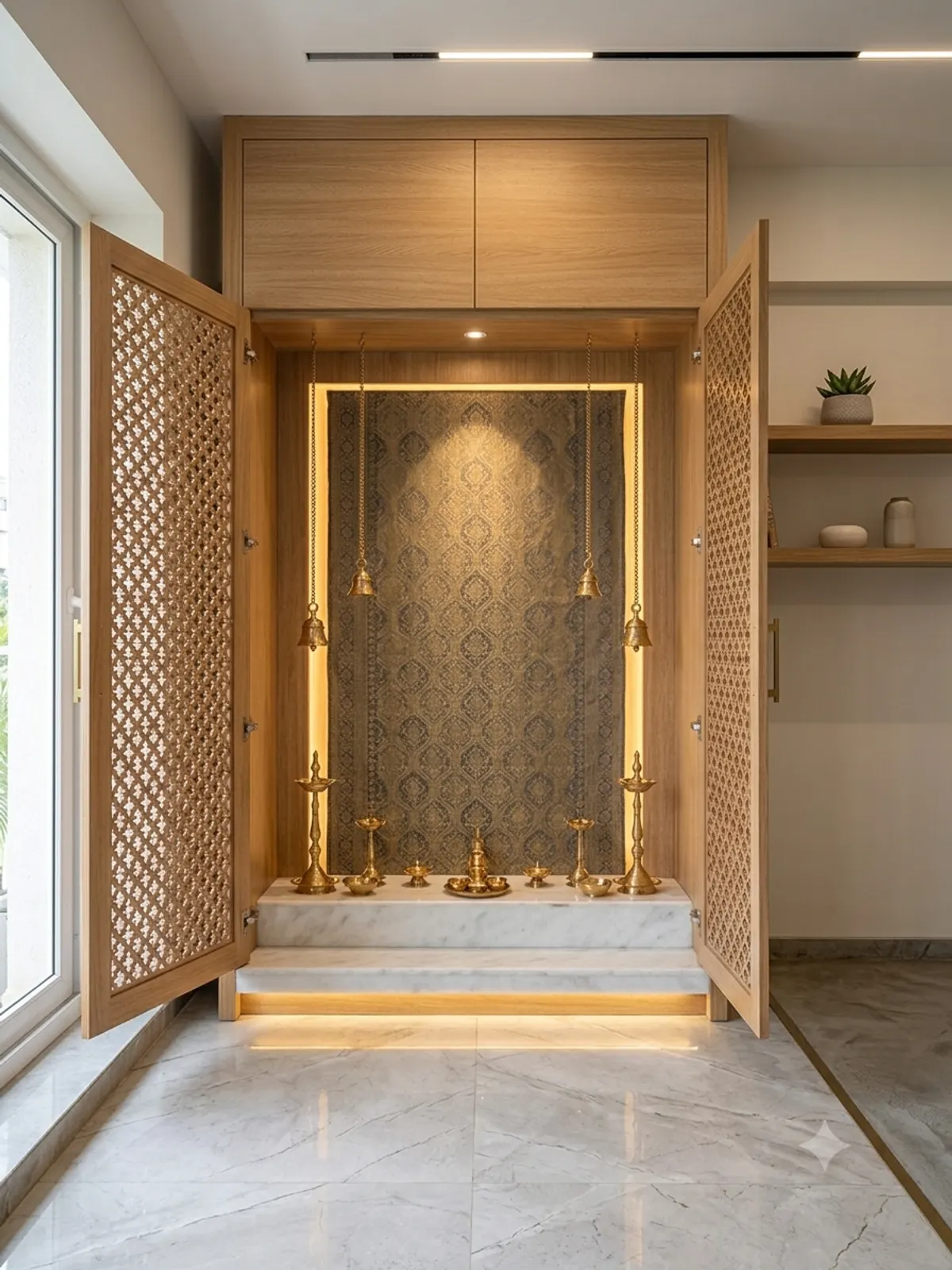 Wooden pooja unit with jaali doors