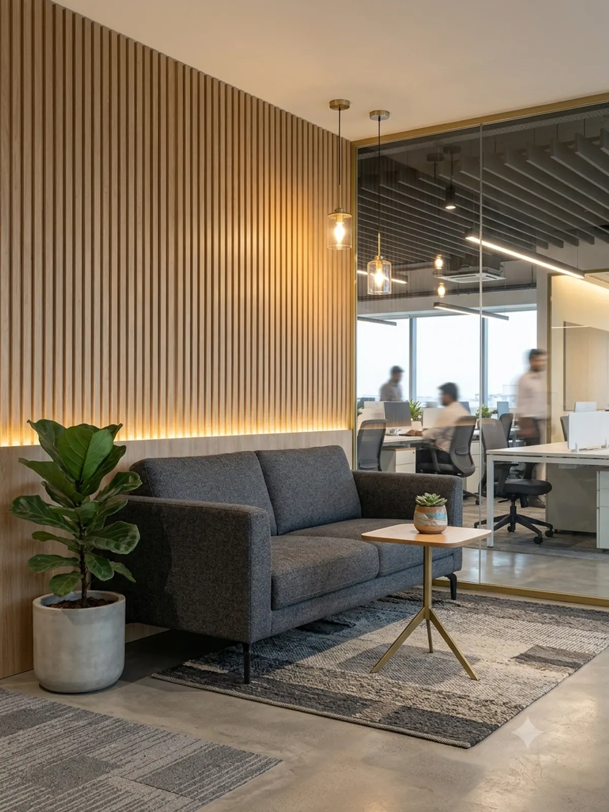 Office lounge with soft seating and wooden slatted wall