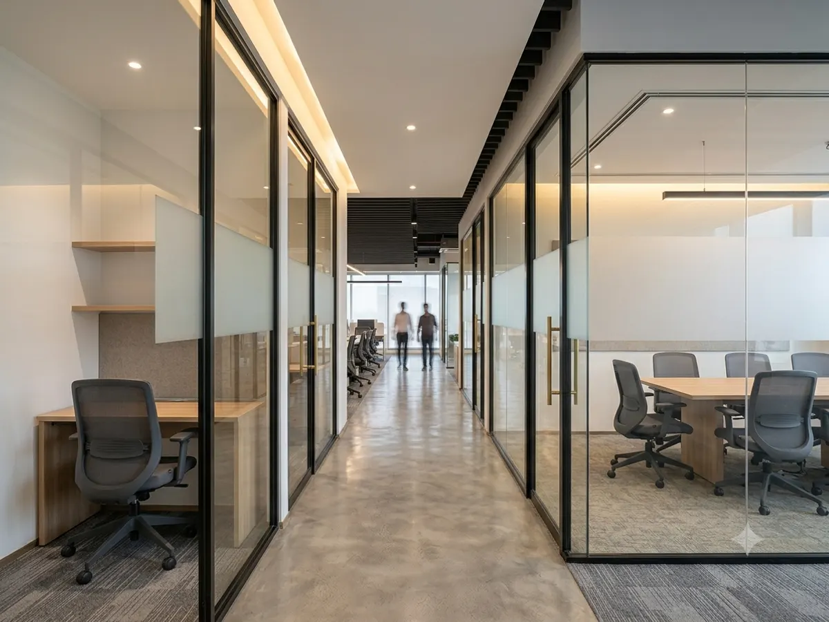 Frosted glass partitions between office cabins